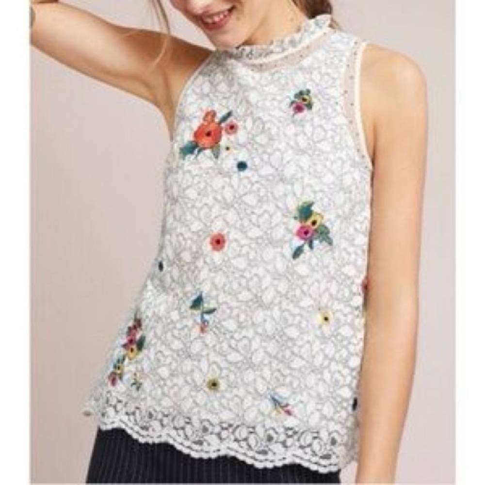 Anthropologie Maeve White Floral Lace Macie High Neck Tank Top